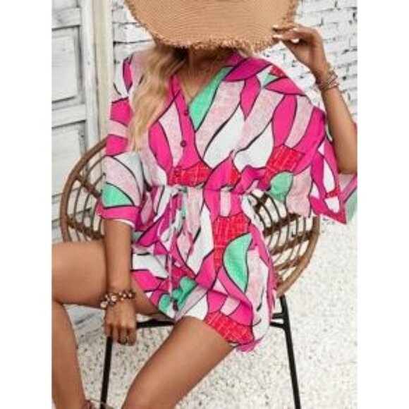 SHEIN VCAY Allover Print Batwing Sleeve Knot Front Romper Size S - Picture 3 of 9